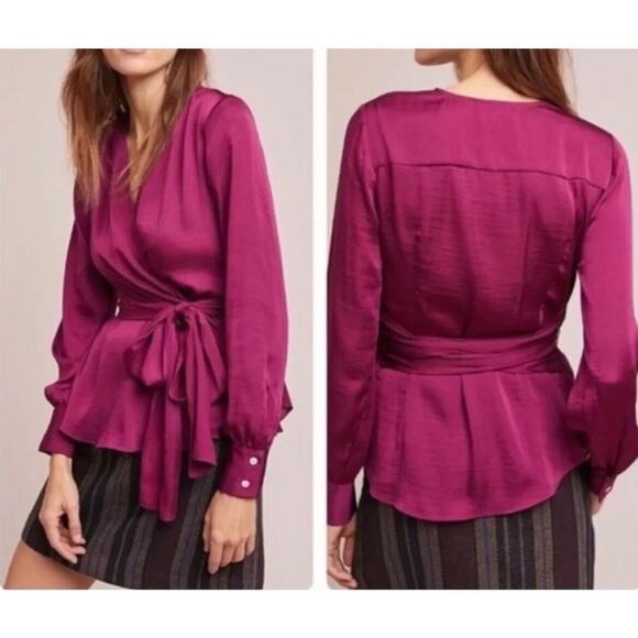 Anthropologie Moulinette Soeurs Burgundy Satin Wrap Blouse – Deep V Long Sleeve - Picture 1 of 14